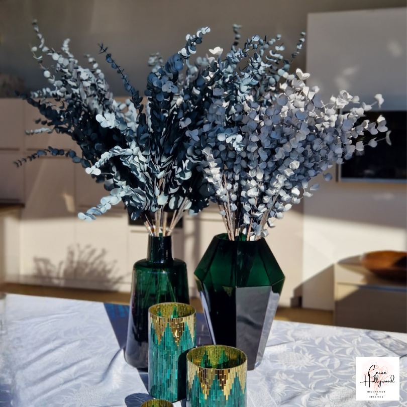 vase vert sombre eucalyptus artificiel photophore vert or cerise hollywood st laurent d'agny